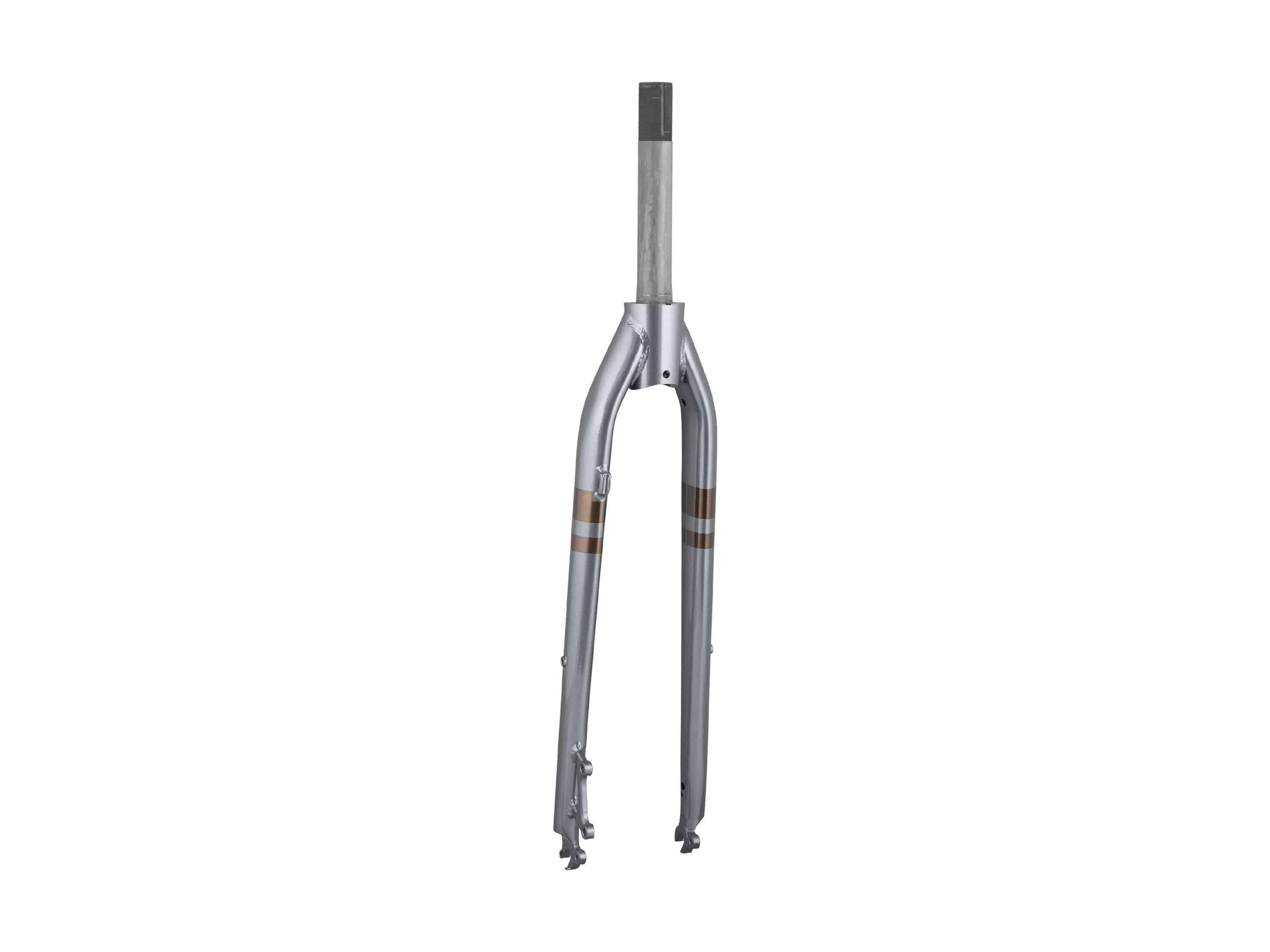 Trek 2023 Verve Steel 700C road bike disc brake forks, black and silver, mounted on a cycling bike for performance riding.