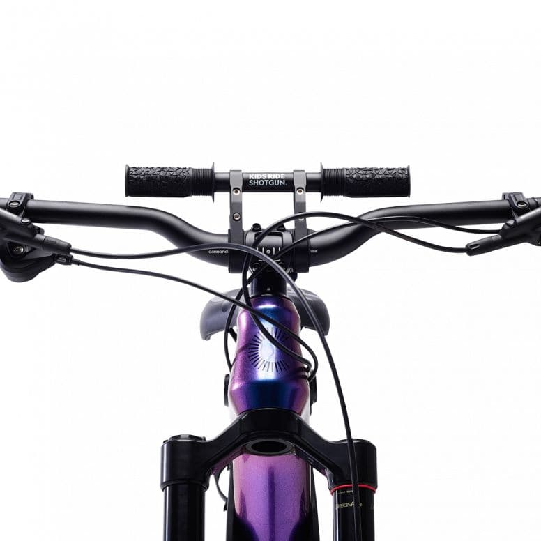 Kids Ride Shotgun 2.0 child bike seat handlebars in black with 250mm length and 19mm grips, designed for kids' bike accessories.