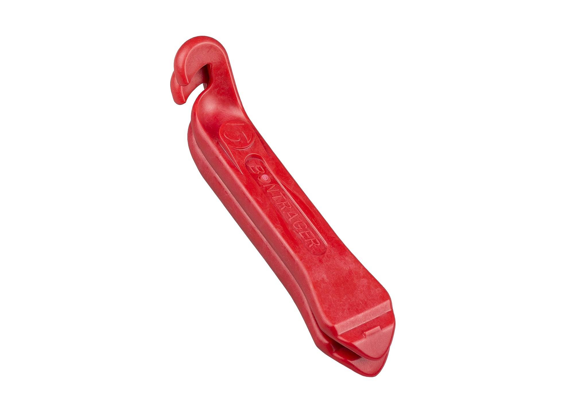 Bontrager Tire Lever Set in red with long handles for tubeless tires, stackable design, suitable for workshop use.