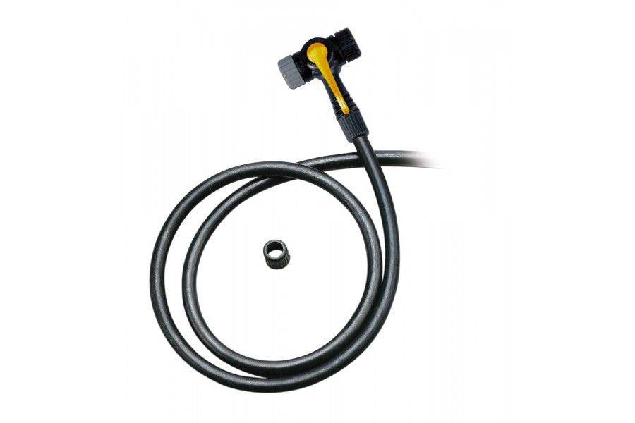 Topeak TwinHead Upgrade Kit with long hose in black and yellow, designed for Presta and Schrader valve bicycle pumps.