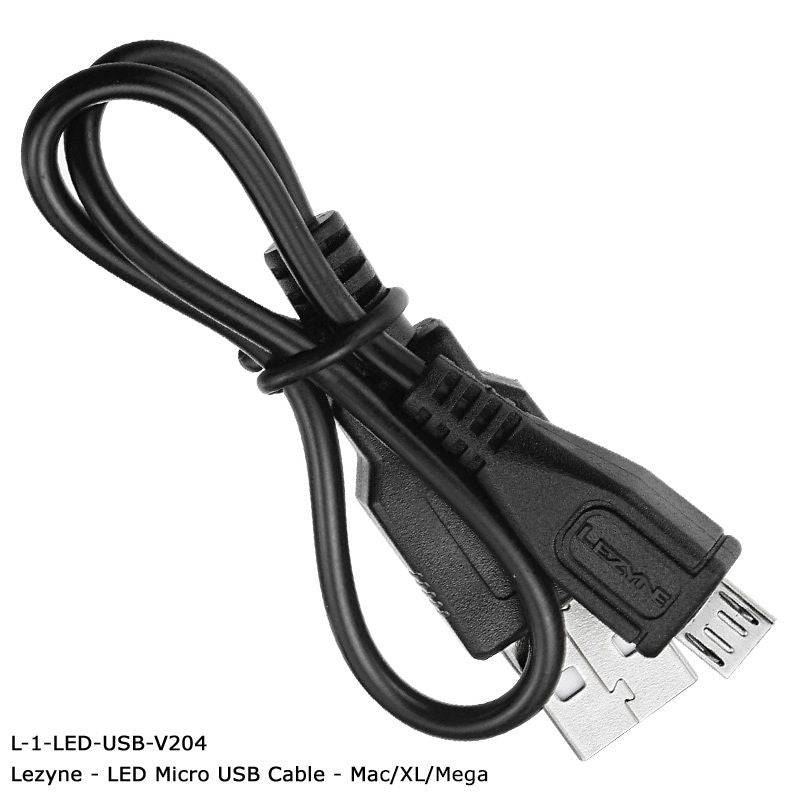 Lezyne Micro USB cable for fast, reliable charging of Lezyne bike lights, shown connected to a Lezyne light.