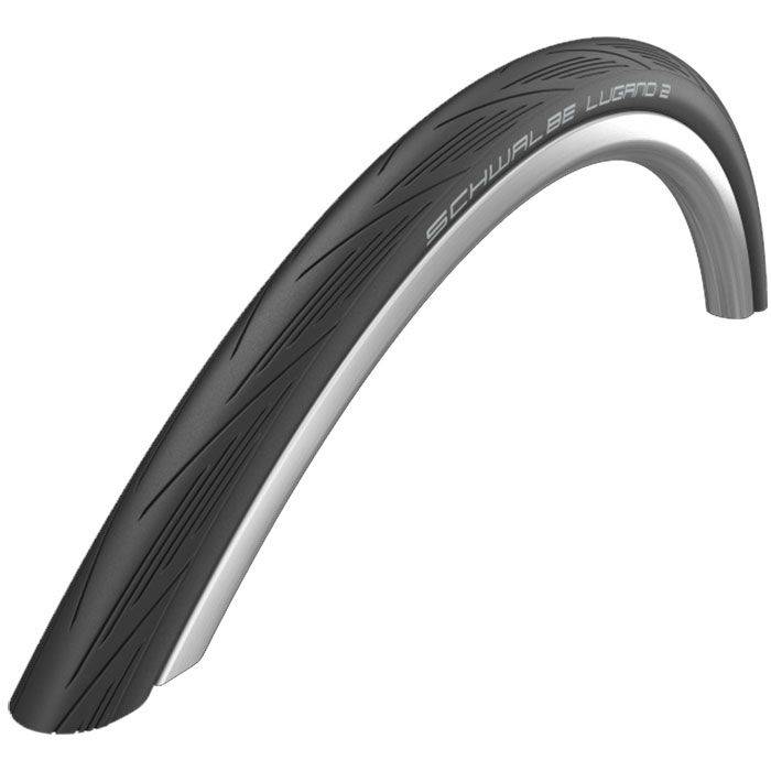 Schwalbe Lugano II road tyre with K-Guard puncture protection and silica compound, shown mounted on a bicycle wheel.
