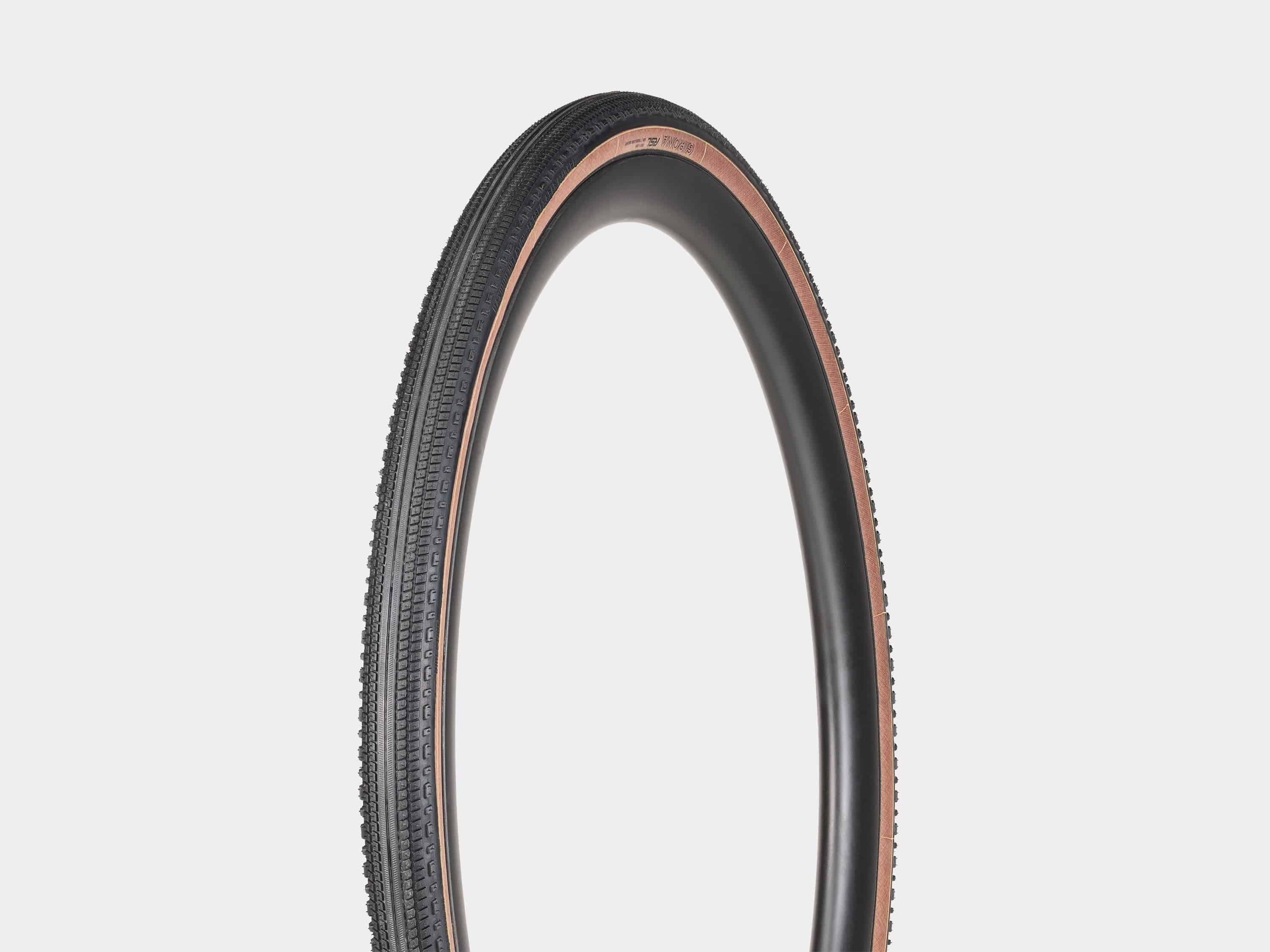 Bontrager Girona RSL GR TLR gravel tyre showing tread pattern and sidewall for tubeless-ready, high-performance cycling.