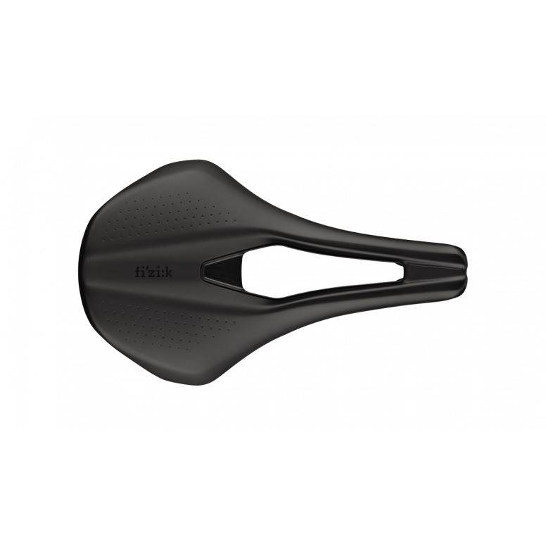Fizik Tempo Argo R1 endurance road bike saddle with Wingflex design, featuring sleek black finish and ergonomic shape.