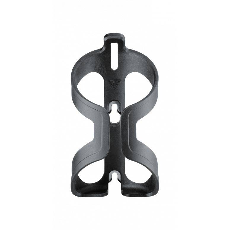 Topeak Shuttle Cage black water bottle cage mounted on bike frame, durable accessory with easy mounting system.