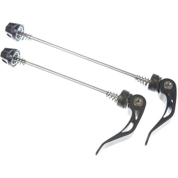 Pair of M Part quick release wheel skewers for road bike rear hub, 130mm, lightweight metal bike components.
