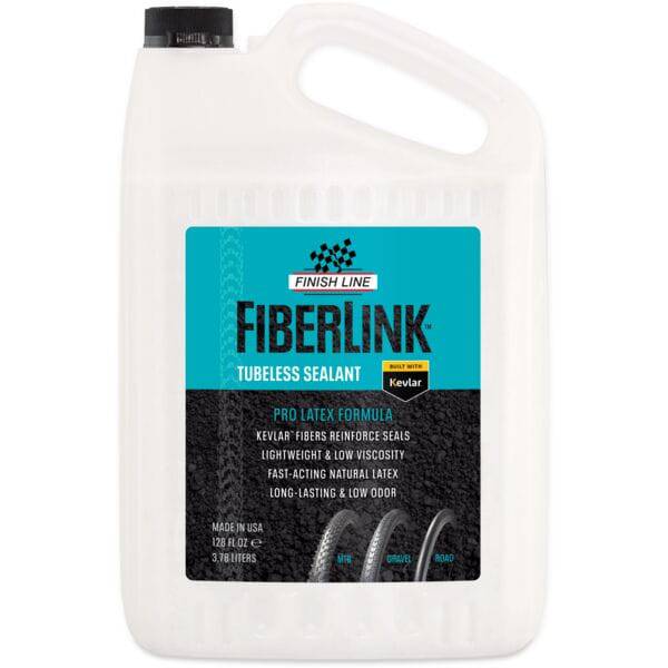 Finish Line FiberLink tubeless tire sealant with Kevlar fibers in a 1-gallon container for bike or motorcycle tires.