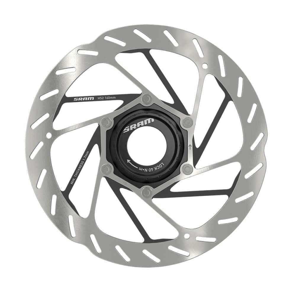 Sram HS2 Center Lock mountain bike rotor with rounded design and lockring included, durable bike components for reliable braking.
