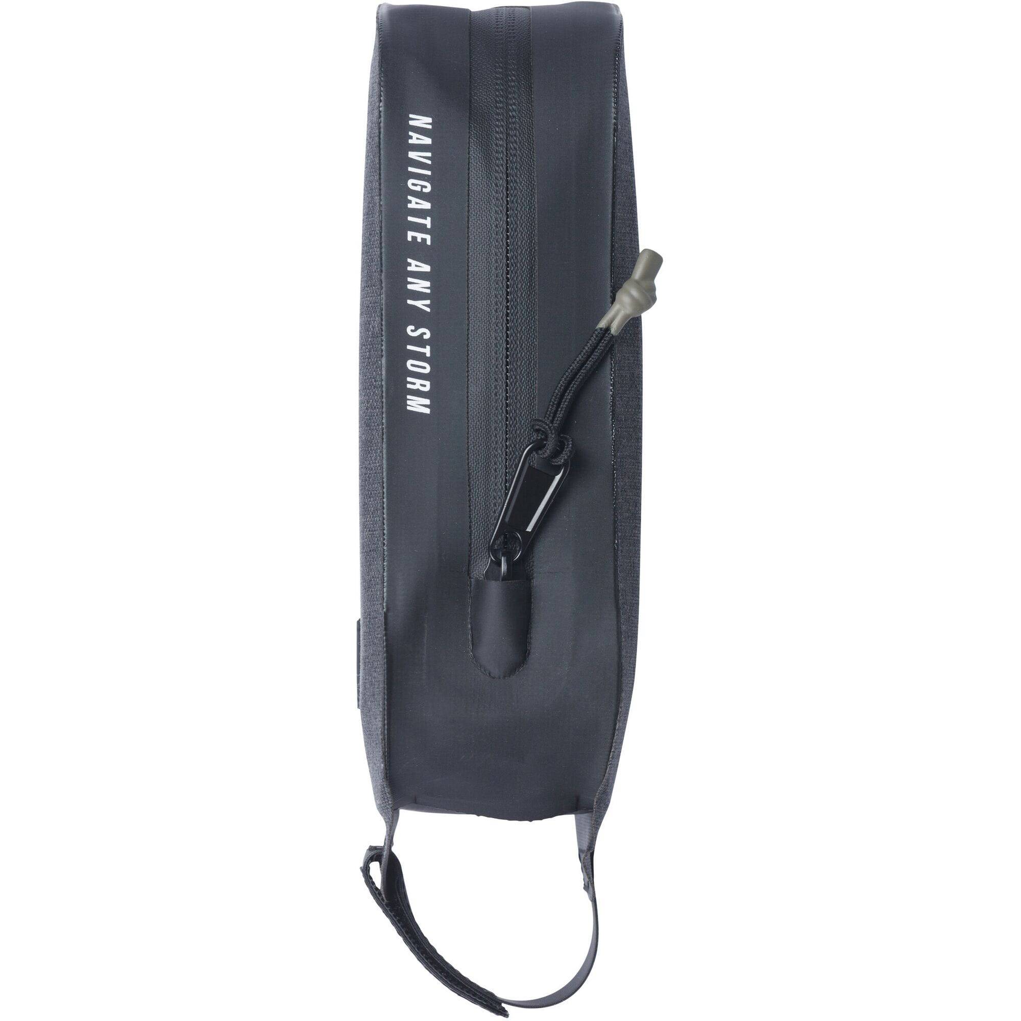 Black Basil Navigator Storm 0.8L waterproof top tube frame bag for cycling, designed for secure storage on bikes.
