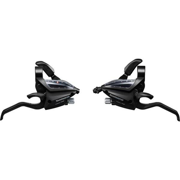 Shimano Altus ST-EF500 EZ Fire Plus 3x7-speed V-brake compatible STI shifter set in black, with 2-finger levers for bike components.
