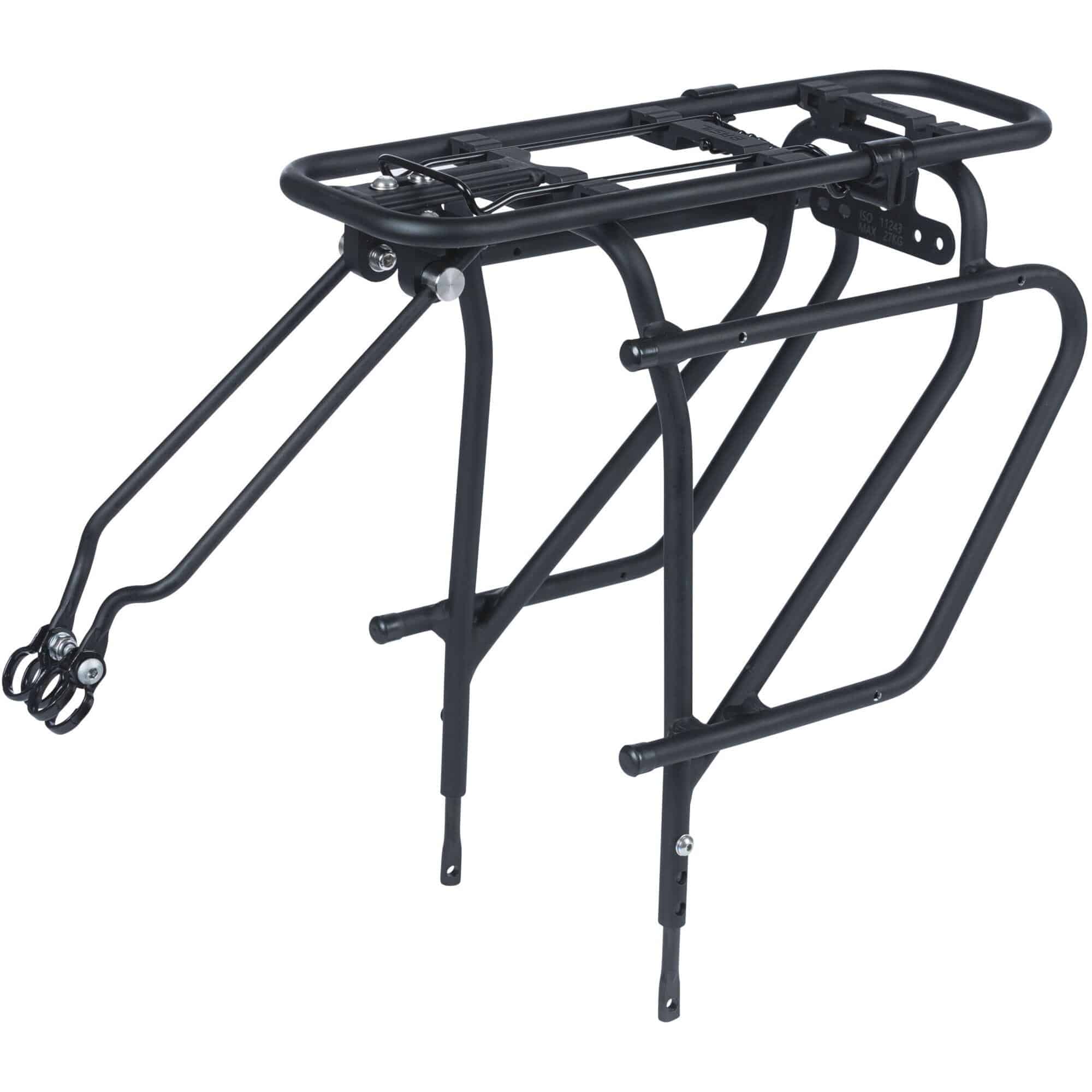 Basil Universal Cargo Carrier MIK STUDS in matte black mounted on a 26-29 inch bike, suitable for bike accessories and storage.