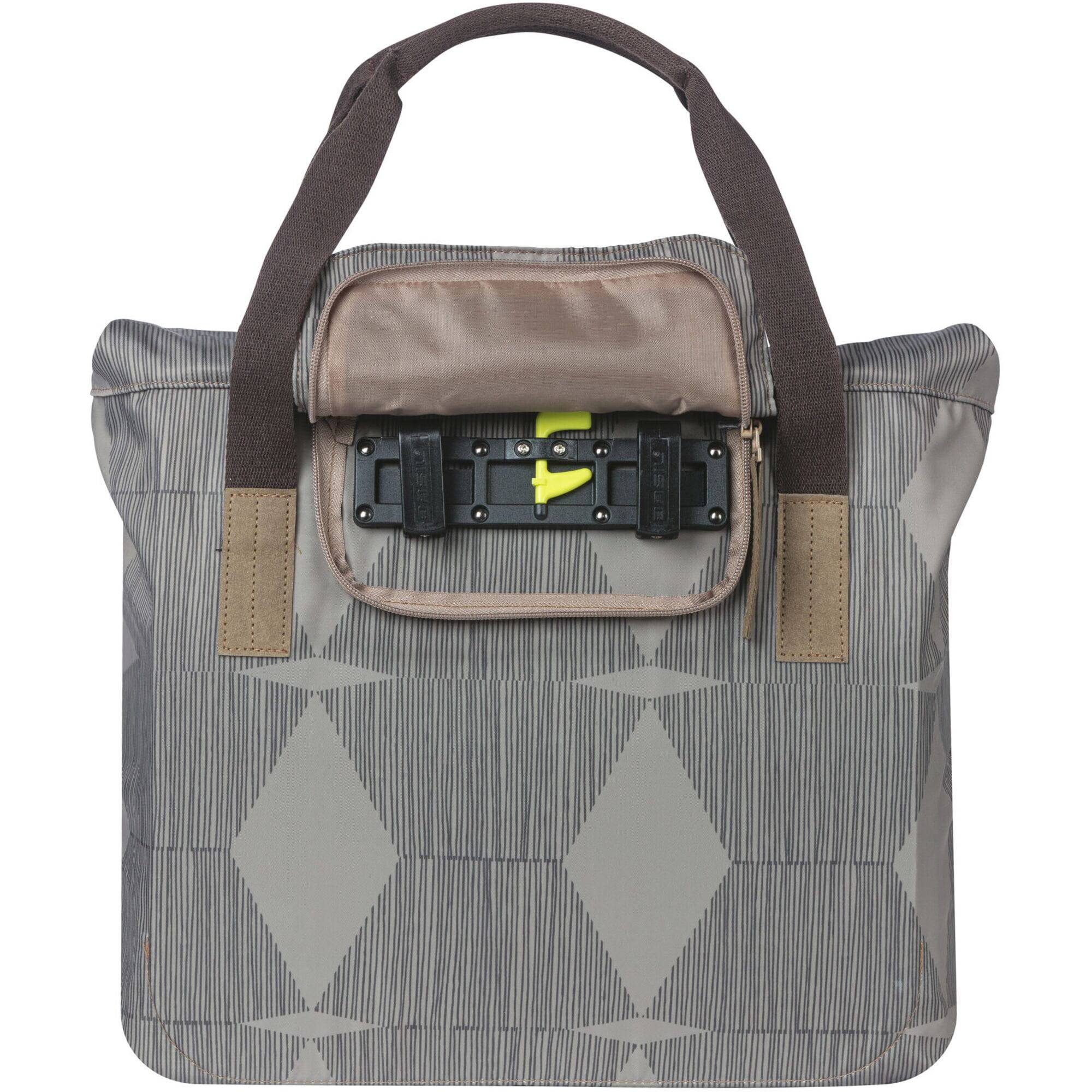 Basil Elegance bicycle shopper bag in Chateau Taupe, 20-26L, with hook-on system, designed for bike accessories and shopping convenience.