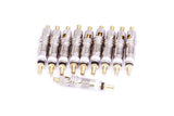 Set of 10 orange seal valve cores for tubeless bicycle tires, designed for Versa valve kits, with silver metal components.
