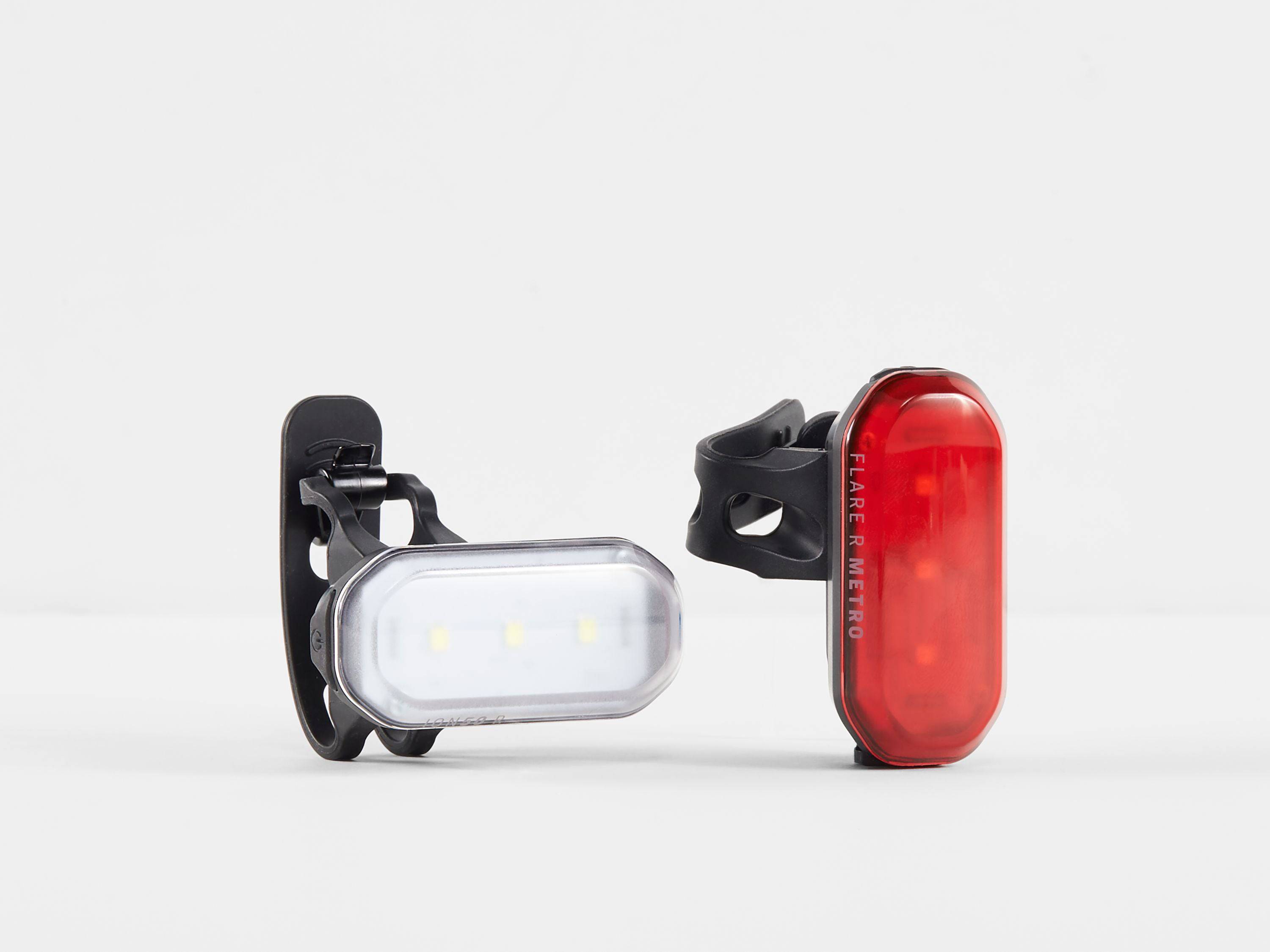 Trek Ion 50 R Flare R Metro USB rechargeable bike light set in black, featuring front and rear illumination for cycling safety.