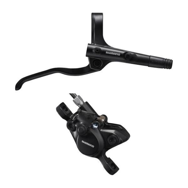 Shimano BR-MT200 hydraulic disc brake set with black bled lever for mountain biking, mounted on a bike frame.