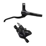 Shimano BR-MT200 hydraulic disc brake set with black bled lever for mountain biking, mounted on a bike frame.