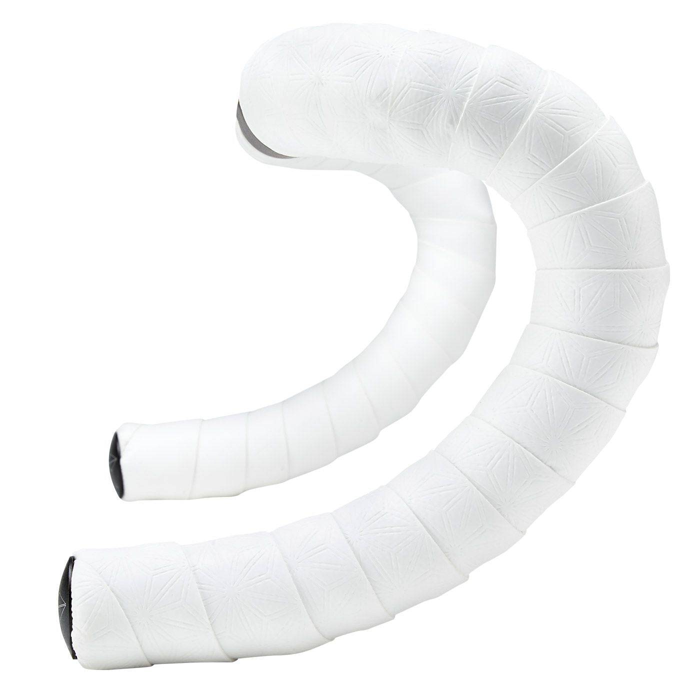Supacaz Sticky Kush Classic white bar tape with black anodized Star Plugz for bike handlebar components.