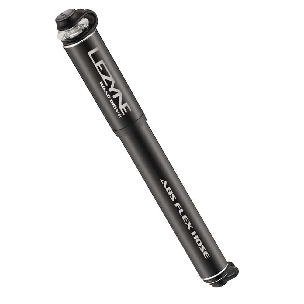 Lezyne Road Drive Compact hand pump with ABS Speed Flex Hose for road bikes, capable of 160 psi, shown with bike accessories