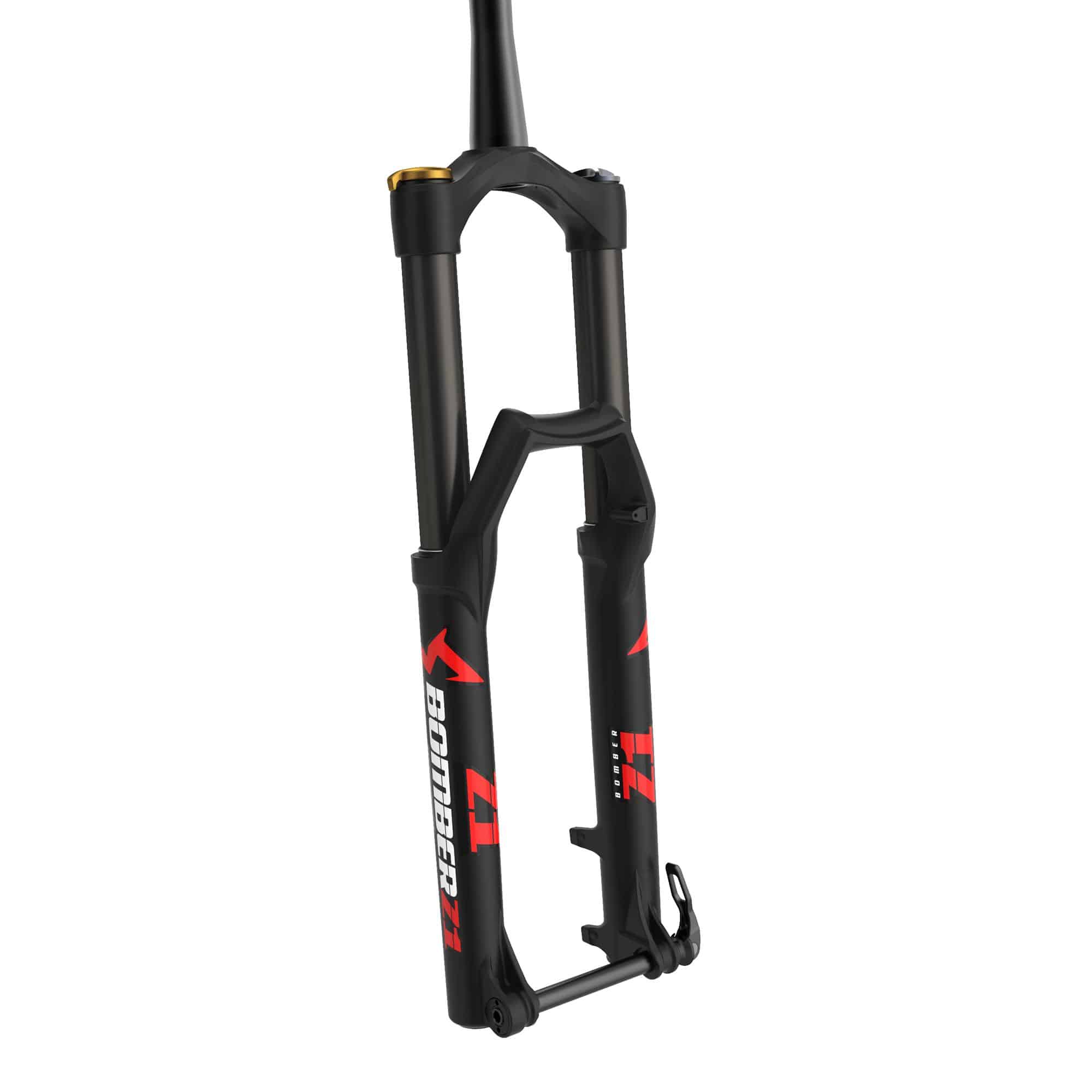 Marzocchi Bomber Z1 2022 coil mountain bike fork with tapered stanchions and 150-180mm travel, showcasing the suspension components.