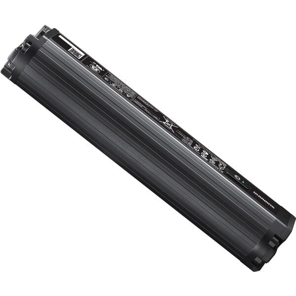 Shimano STEPS BT-EN805 504Wh black internal down tube e-bike battery installed on a bike frame.
