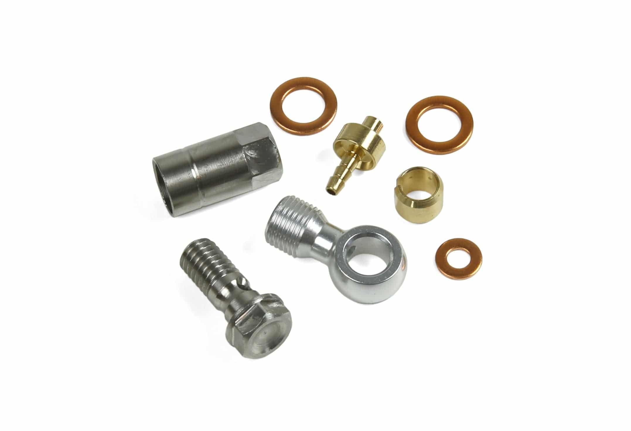 Hope 90-degree connector kit for 5mm hoses, featuring metal components for standard and braided hose connections.