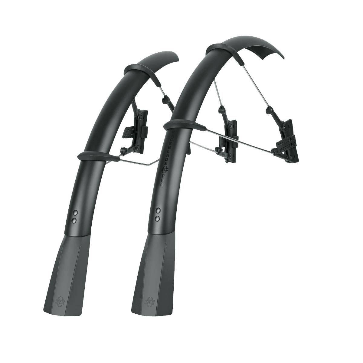 SKS Raceblade Pro Stealth clip-on mudguard set for road bikes, matte black, lightweight cycling accessories, mounted on a bike wheel