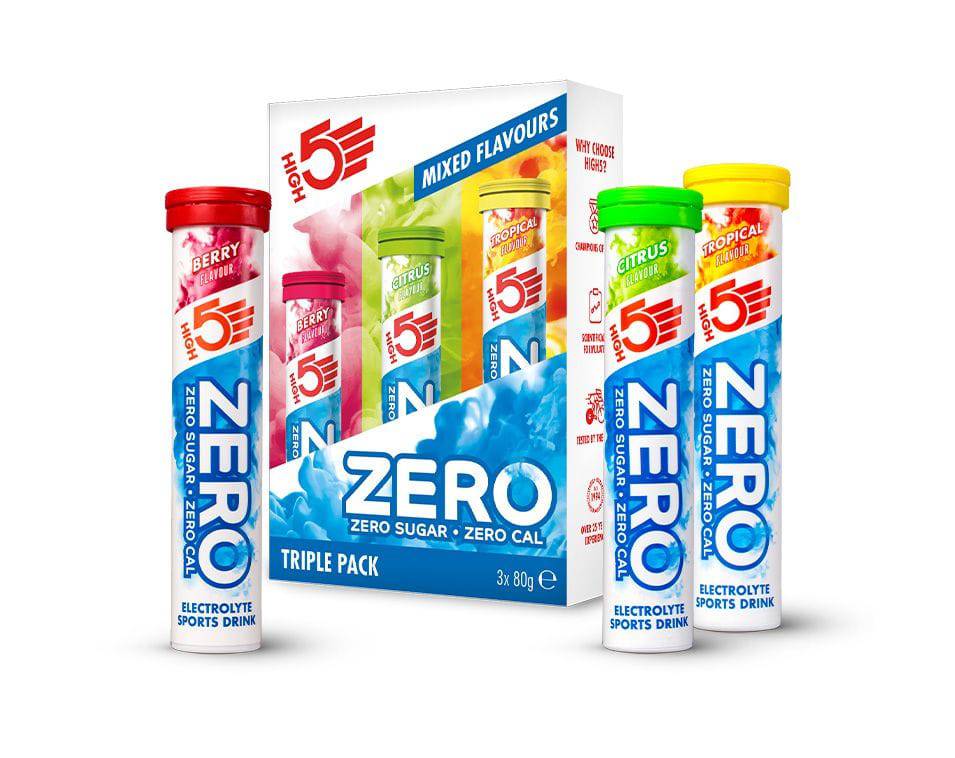 High5 ZERO electrolyte tablets in a triple pack, sugar-free hydration effervescent accessories, with colorful tablets and packaging.