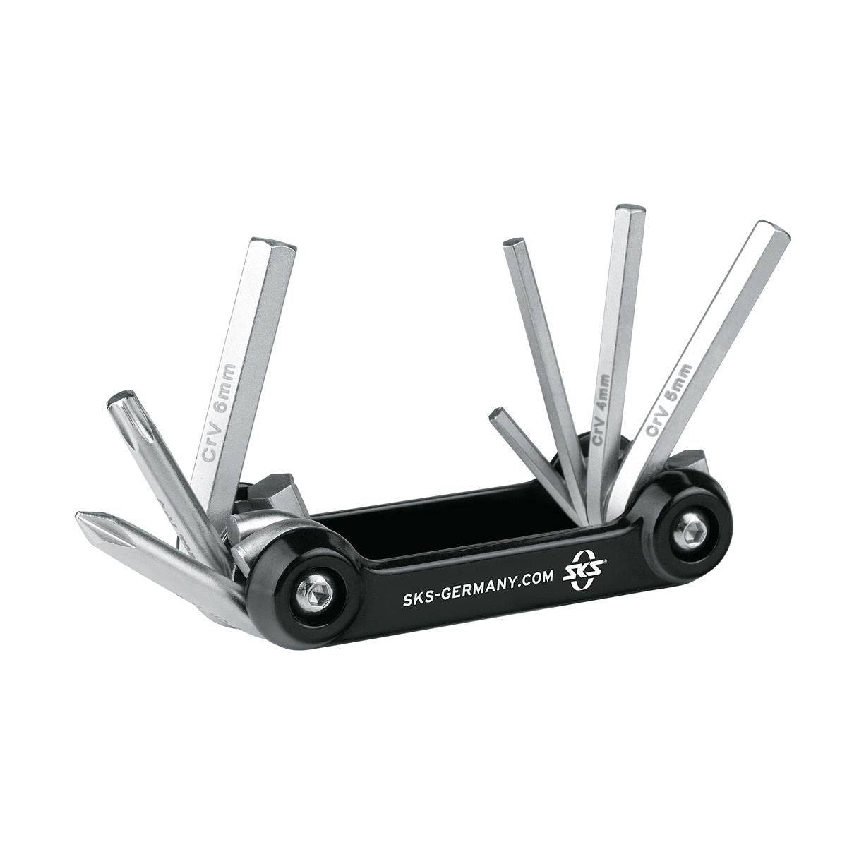 SKS TOM 7 bike multi-tool with 7 Allen, Philips, and Torx keys, compact workshop tool for bike repairs and adjustments.