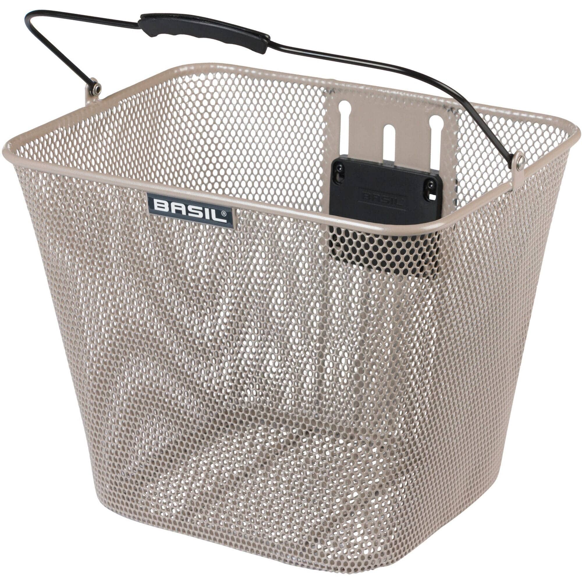 Basil Bilbao Nude Metallic Front Bicycle Basket with adjustable height and KF plate, designed for stylish bike accessories.
