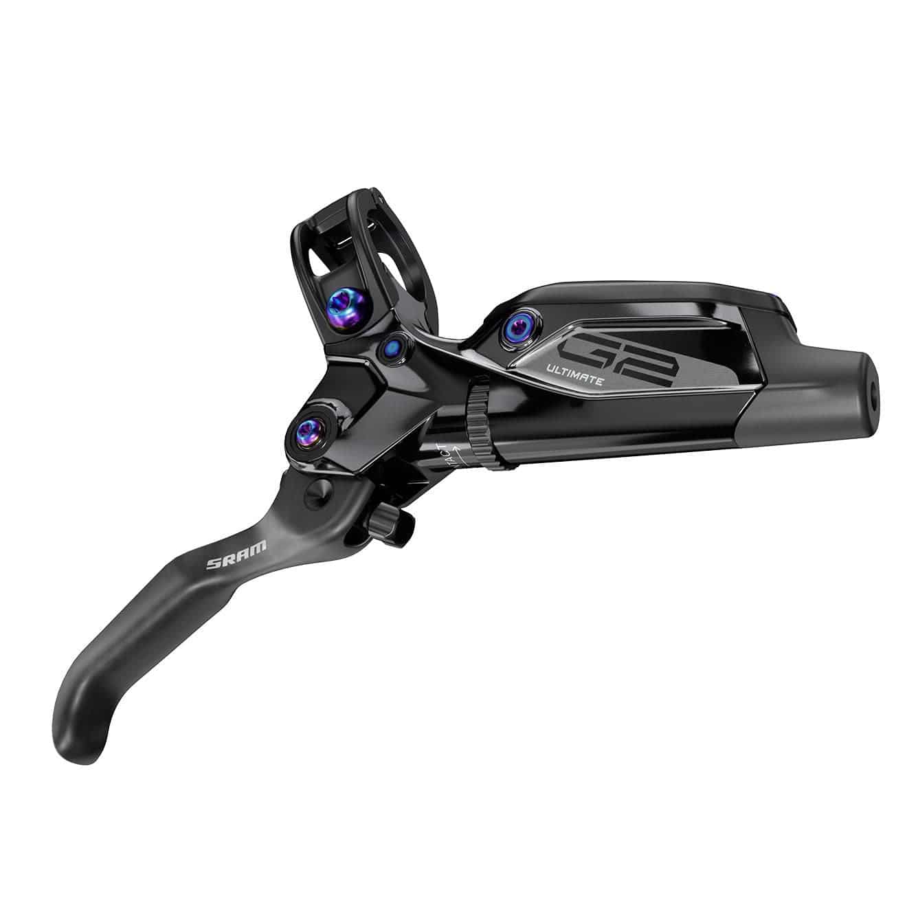 SRAM G2 Ultimate MTB disc brake with carbon lever, titanium hardware, and MMX clamp in gloss black for mountain biking components.