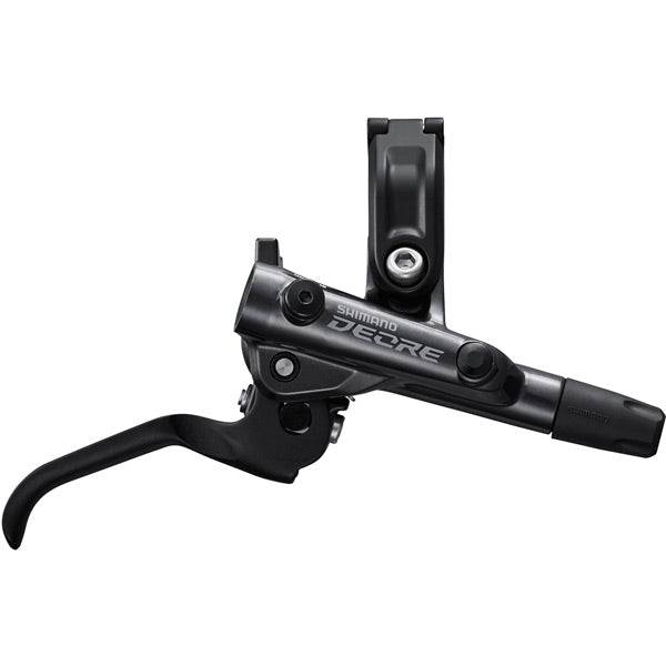 Shimano Deore BL-M6100 hydraulic brake lever with I-Spec EV compatibility, mounted on bicycle handlebar, showing ergonomic design and branding.