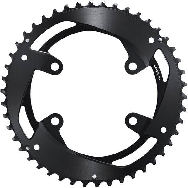 Shimano CUES FC-U8000-2 46T 11-speed double outer chainring for 46-32T drivetrain, showing teeth and mounting holes.