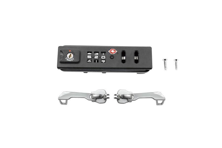 Topeak Spare Pakgo X TSA lock and zipper set with fixing screws in black, designed for bicycle accessories.