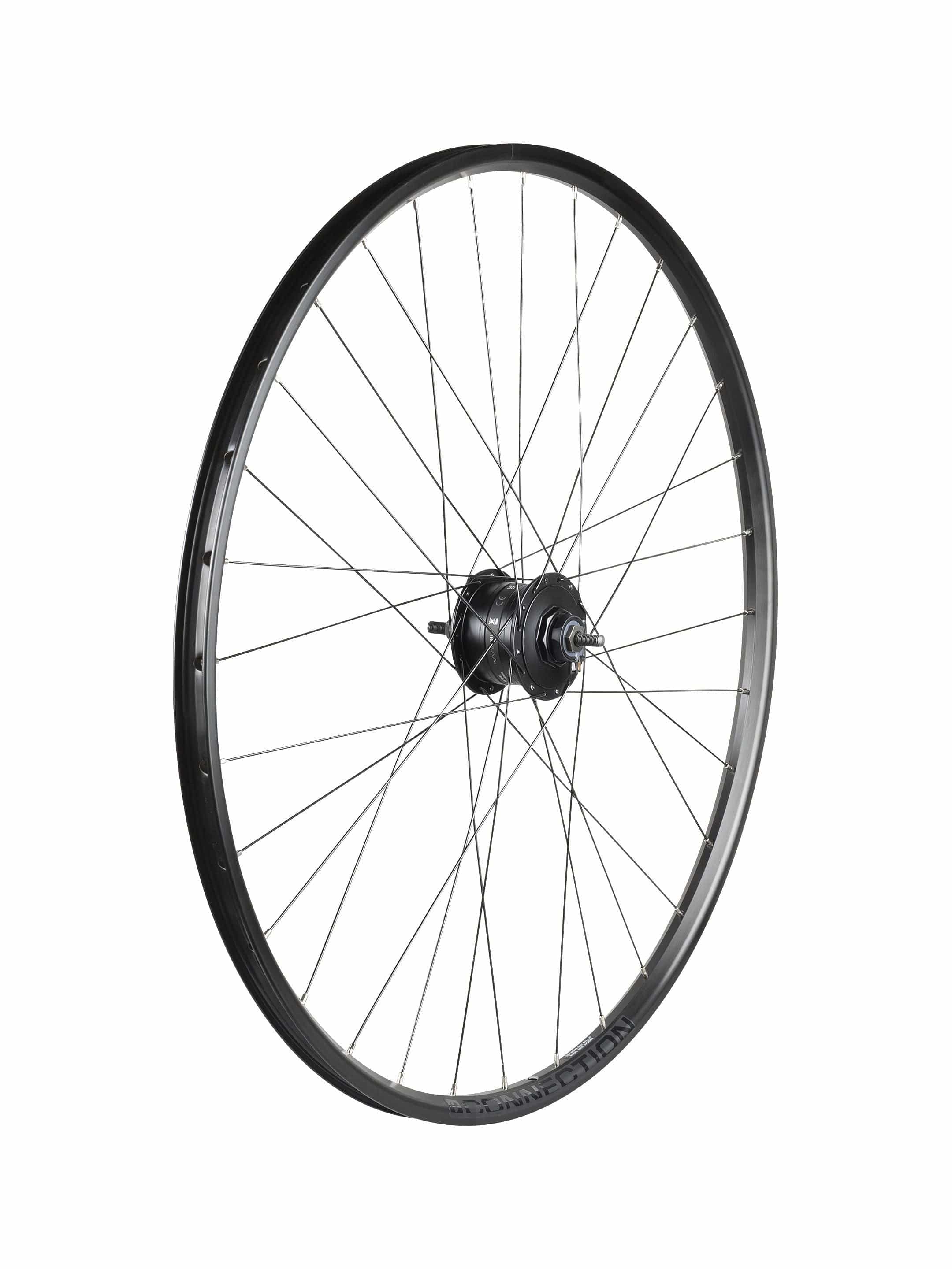 Bontrager Connection Dynamo Centerlock 700c front wheel in black, designed for bicycles, no cassette included.