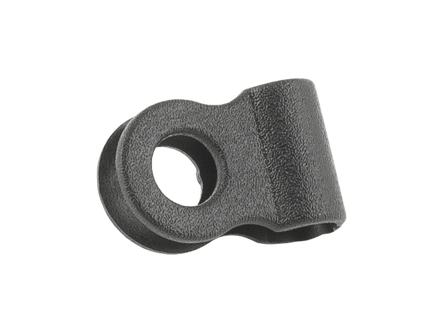 Trek black plastic bolt-on single cable housing guide for bike cable management, mounted on bicycle frame.