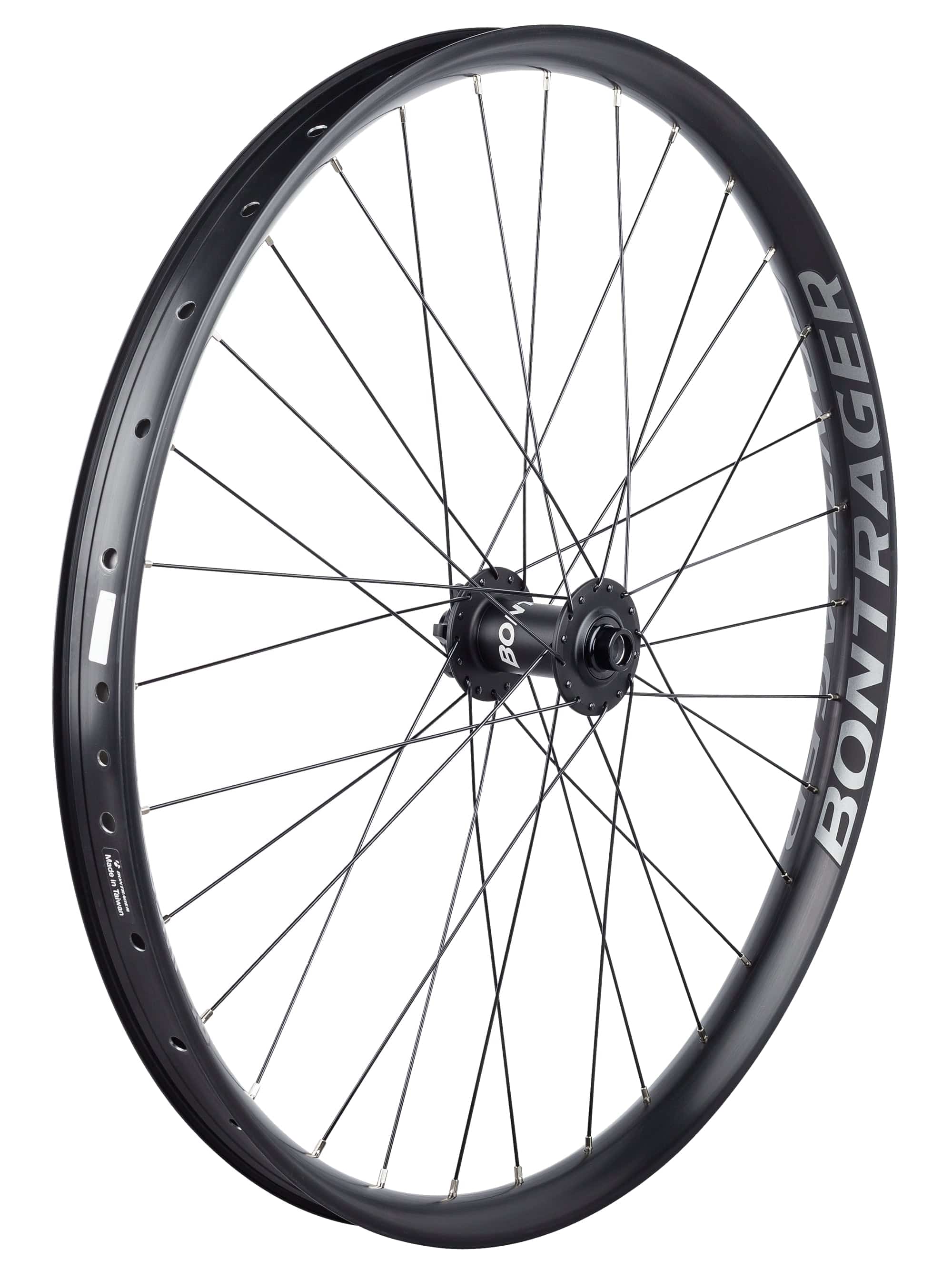 Bontrager Powerline Comp 40 27.5 MTB wheelset with tubeless setup and disc brake compatibility, showing the black alloy rims and spokes.