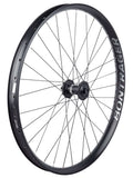Bontrager Powerline Comp 40 27.5 MTB wheelset with tubeless setup and disc brake compatibility, showing the black alloy rims and spokes.