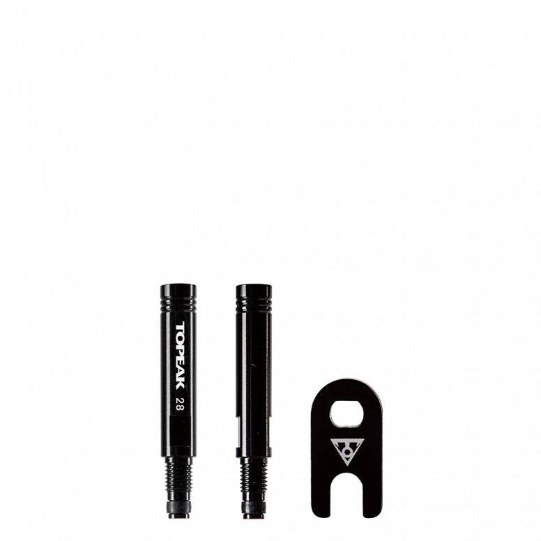 Black Topeak 28mm Presta valve extender with aluminum valve tool, designed for bicycle tire components.