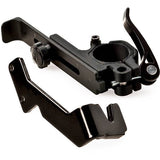 Park Tool TS-25 wheel truing stand mounted on workshop repair stand, used for truing and aligning bicycle wheels.