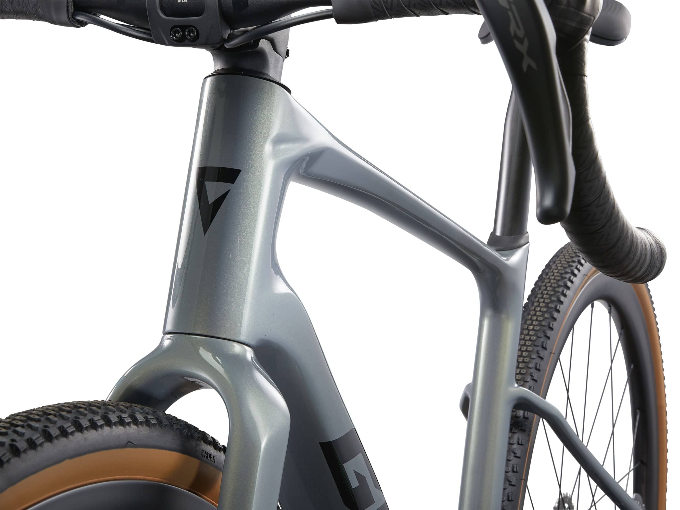 Giant Revolt Advanced 0 gravel bike with adjustable wheelbase and integrated storage, featuring a sleek frame and rugged tires.