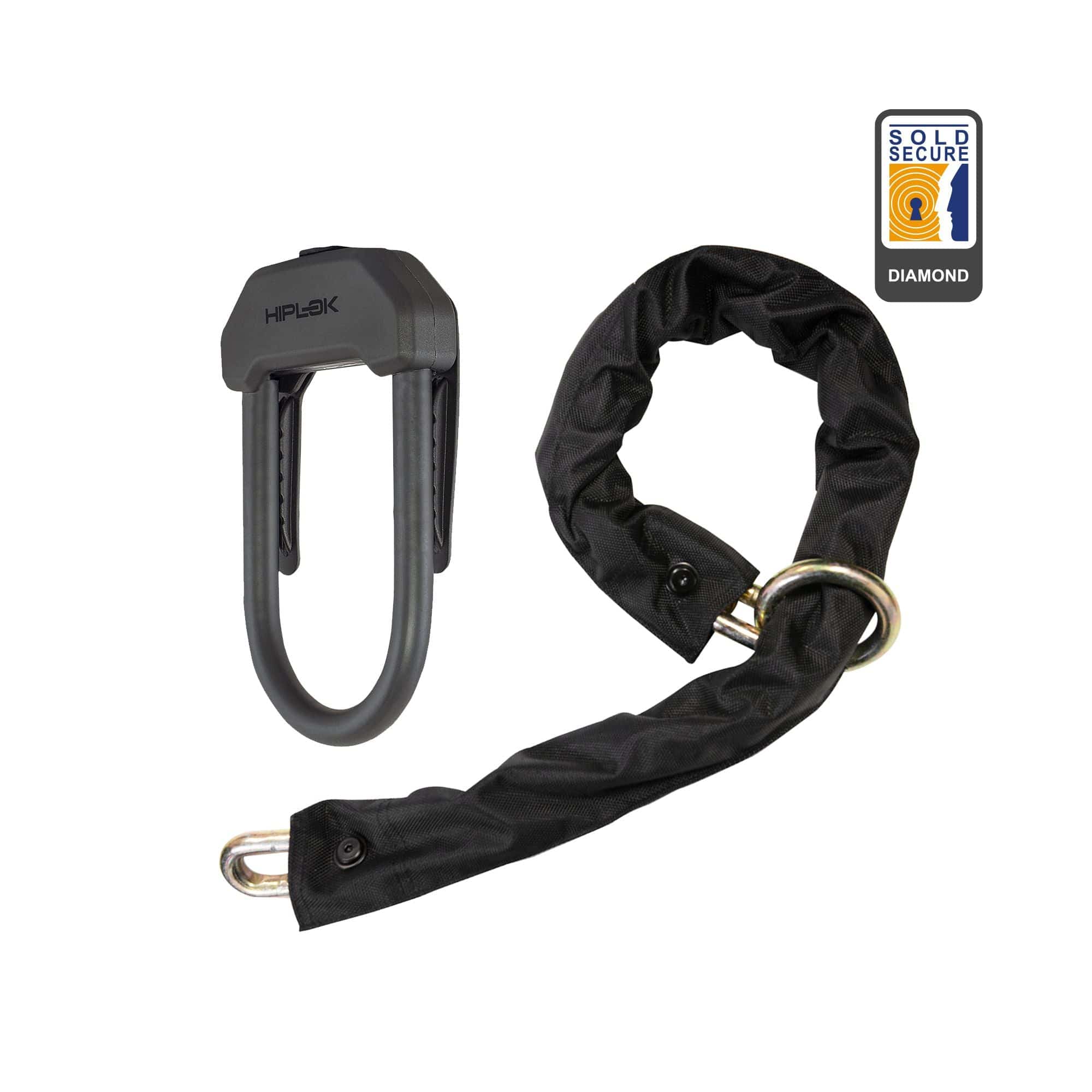 Hiplok DXXL D-Lock and XL bike chain combo in black, heavy-duty security accessories for bikes and motorcycles.