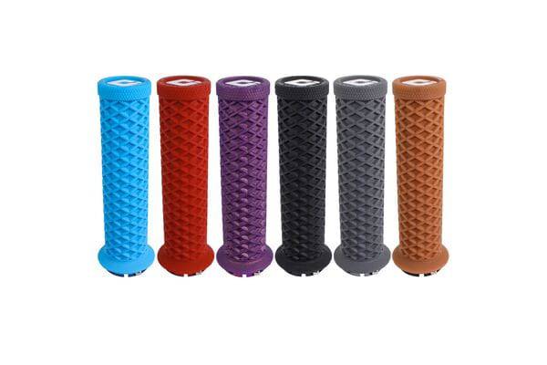 ODI Vans V2.1 MTB lock-on grips with single-clamp system for mountain bikes, featuring textured rubber for enhanced grip and comfort.