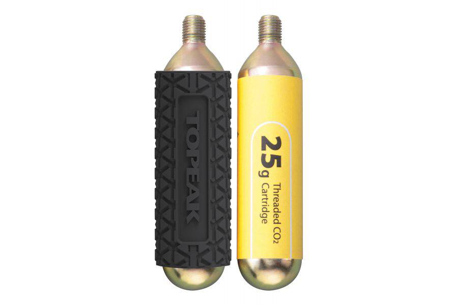 Topeak CO2 cartridges with silicone sleeves for quick tire inflation, designed as accessories for hand pumps.