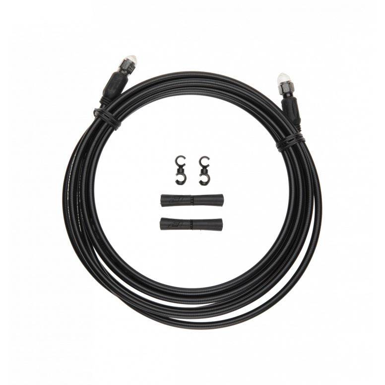 Jagwire Pro hydraulic disc brake hose kit with quick-fit adapters, showing assembled brake hose and fittings for mountain or road bikes.