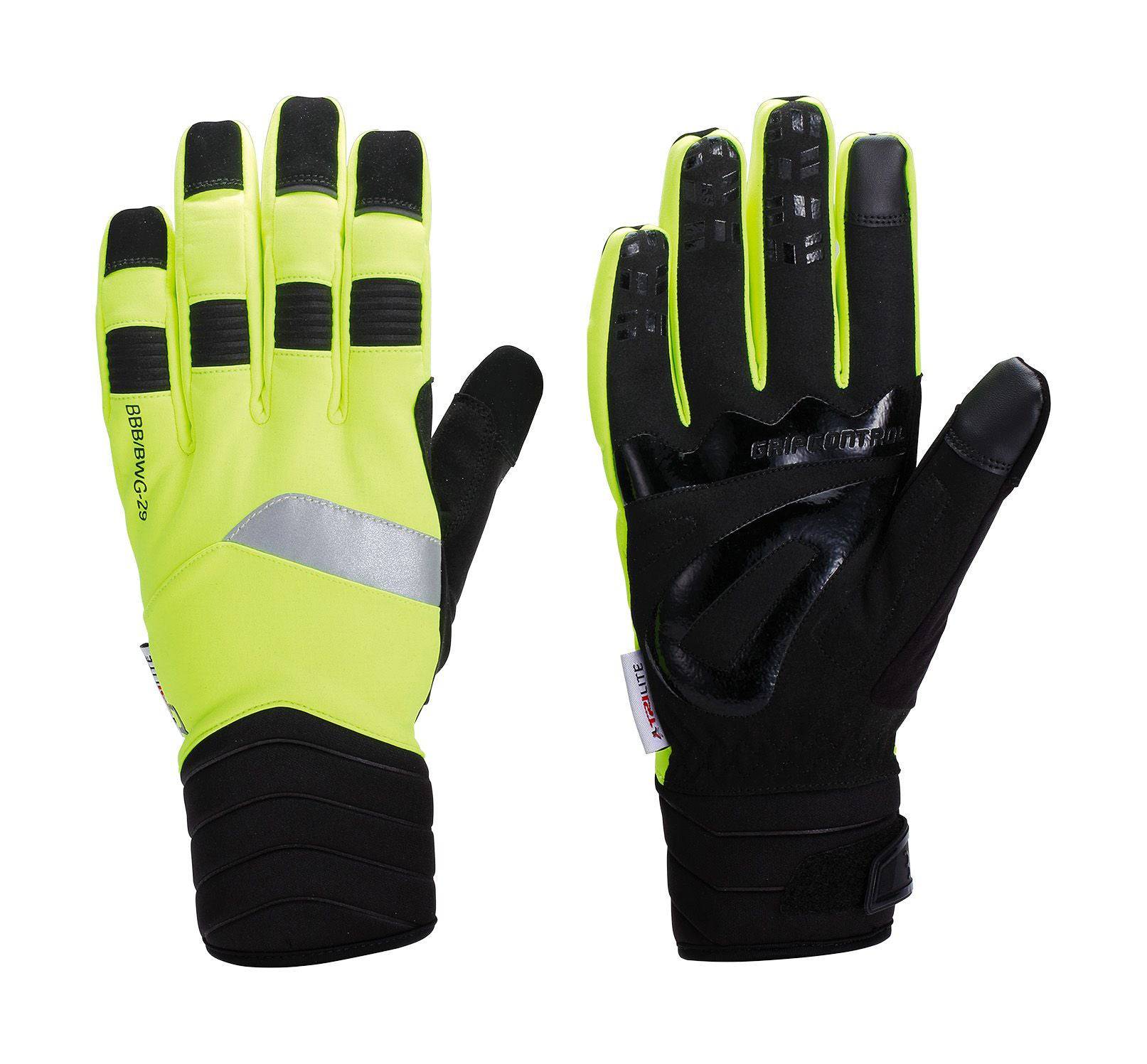 BBB BWG-29 WaterShield winter cycling gloves in neon yellow, waterproof, lightweight, and designed for cold weather riding.