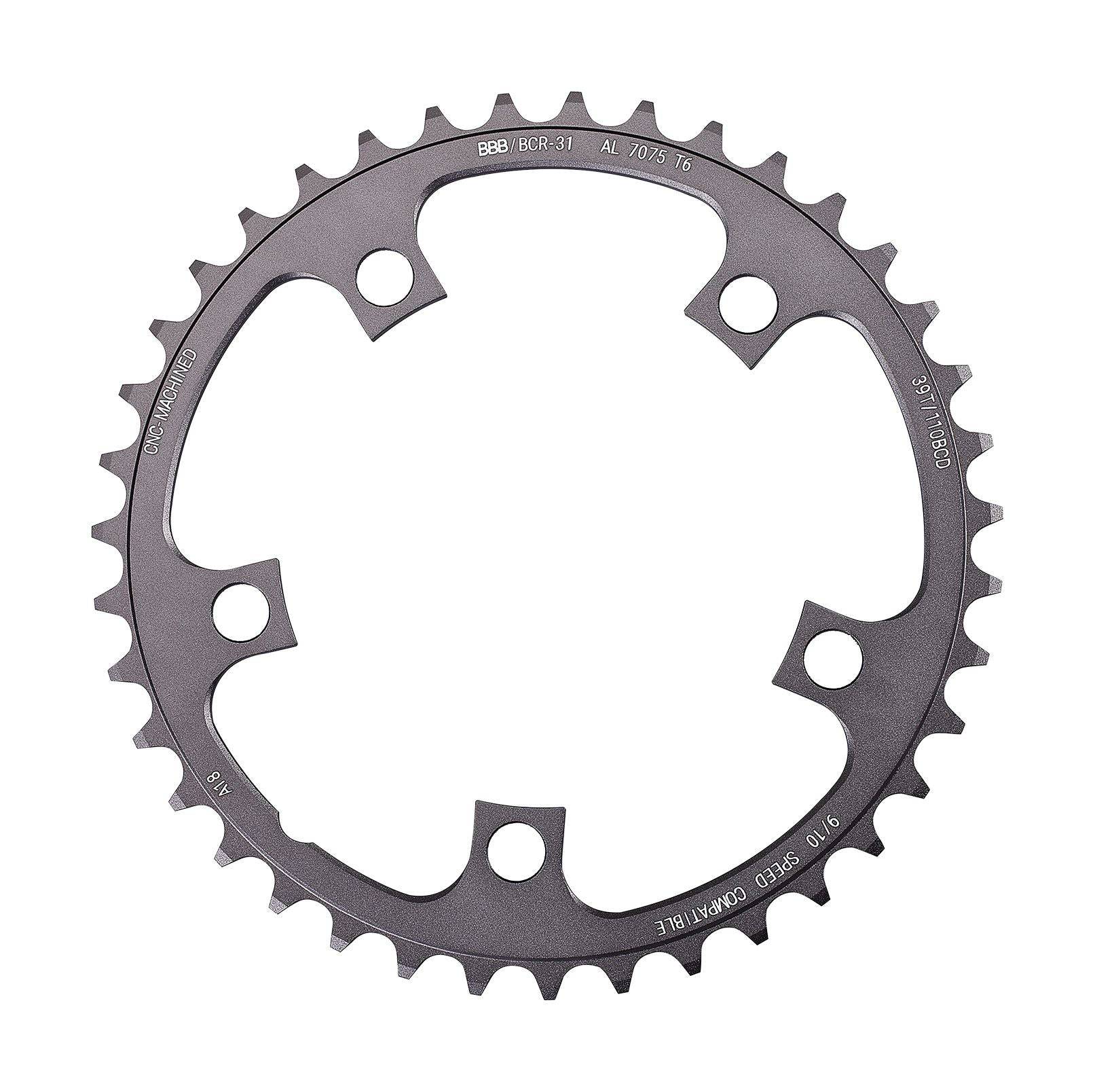 BBB CompactGear 2x9/10 Speed chainring for Shimano 110 BCD 5-arm road bike component, shown in close-up detail.