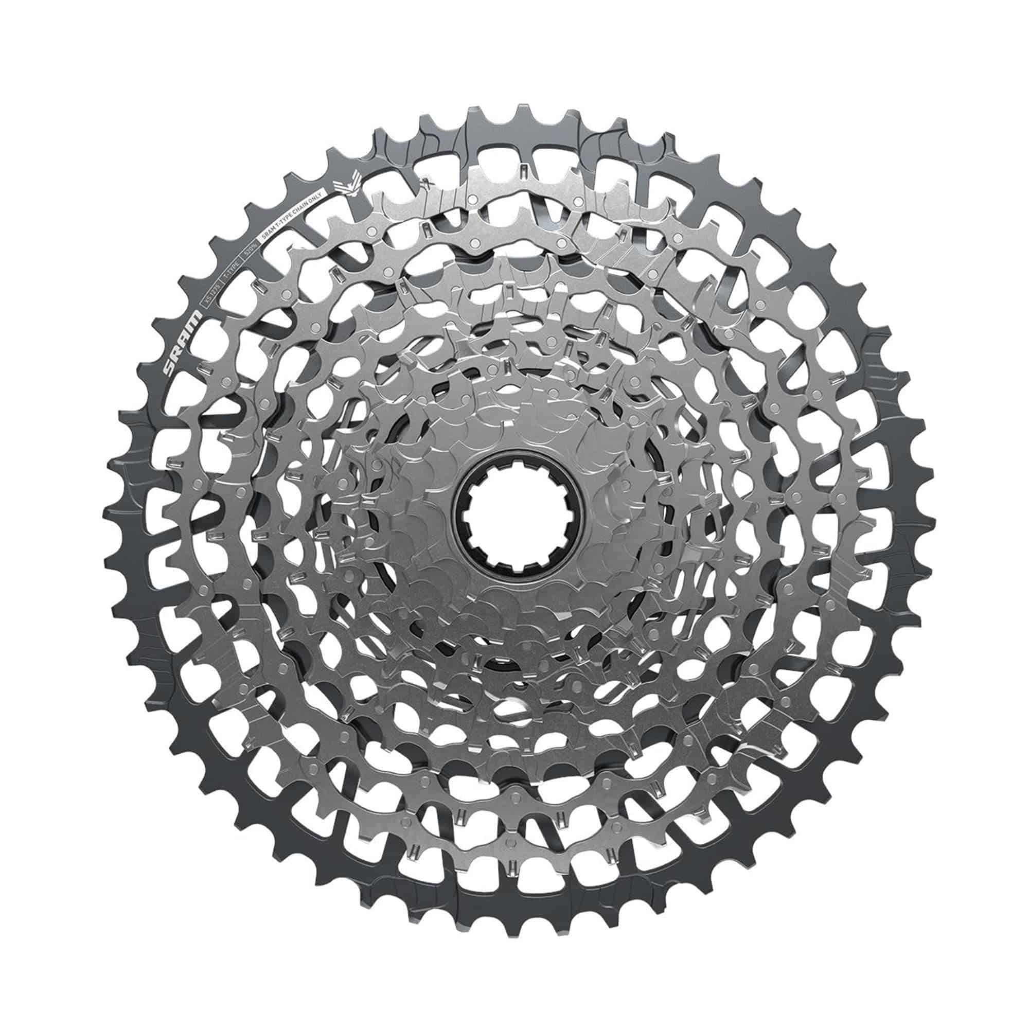 SRAM XS-1275 T-Type Eagle 12-speed mountain bike cassette in silver with 10-52T gear range, close-up of shiny component.