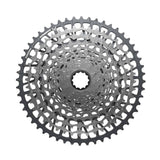 SRAM XS-1275 T-Type Eagle 12-speed mountain bike cassette in silver with 10-52T gear range, close-up of shiny component.