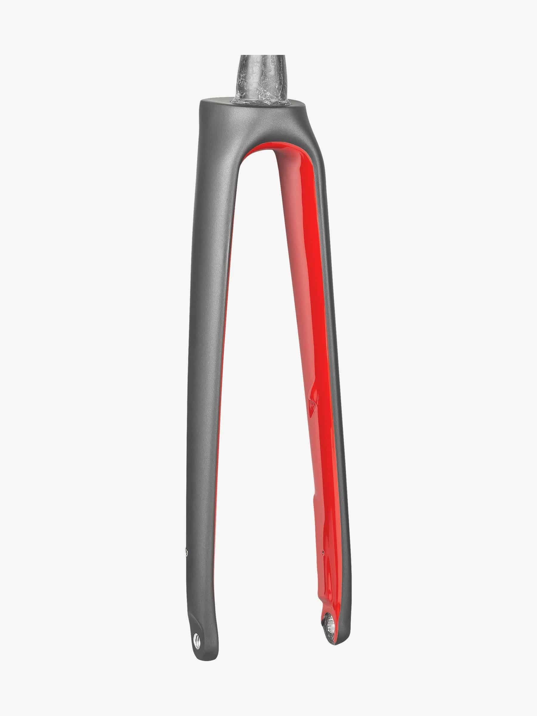 Trek Domane+ 700c rigid fork in black and viper red, 355mm length, 53mm offset for road bike components.