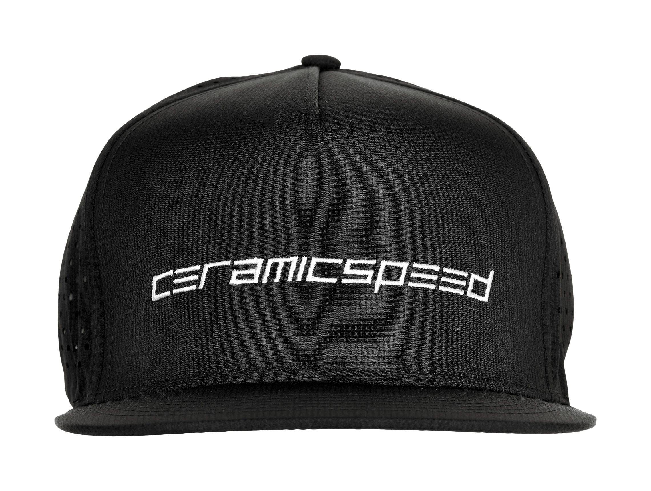 CeramicSpeed black flat brim cap with adjustable snapback and one size fits all, made of breathable clothing material.